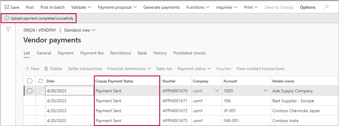Corpay Payment Status column updated to Payment Sent